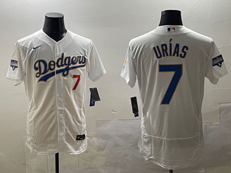 Men Los Angeles Dodgers 7 Urias White Gold Elite 2025 Nike MLB Jersey style 9
